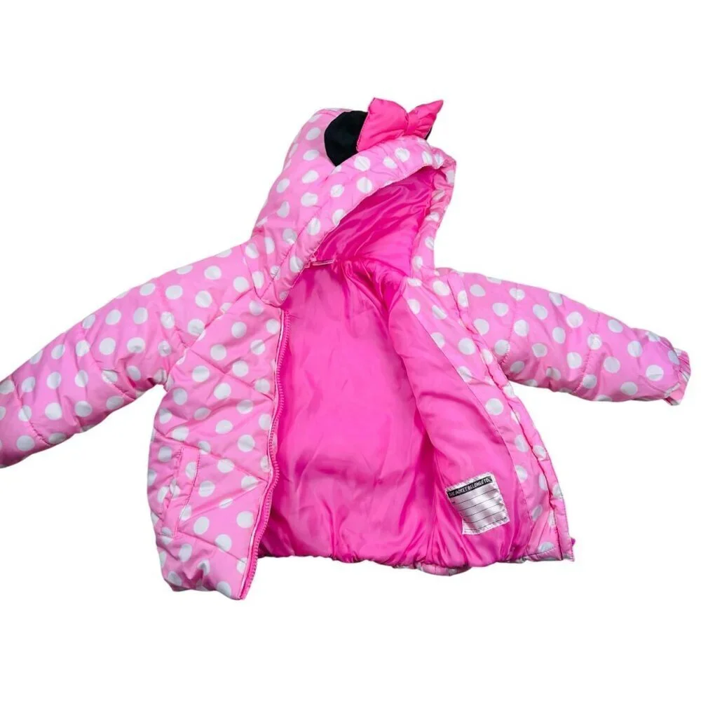 Disney Junior Minnie Mouse Puffer Polka Dot Winter Coat Pink 3T Girls